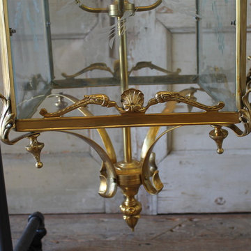Pair of English Gilt Bronze Lantern Lights with Etched Glass
