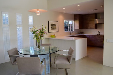 Example of a mid-sized minimalist concrete floor kitchen/dining room combo design in Los Angeles with gray walls