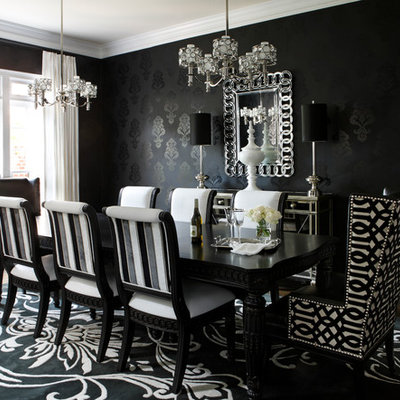 Mid-sized trendy dark wood floor dining room photo in Atlanta with black walls and no fireplace