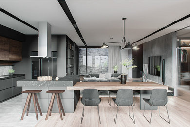 Esempio di una grande sala da pranzo aperta verso la cucina eclettica con pareti grigie, pavimento in legno massello medio e pavimento marrone