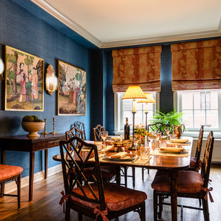 Enclosed dining room - mid-sized asian medium tone wood floor enclosed dining room idea in New York with blue walls and no fireplace
