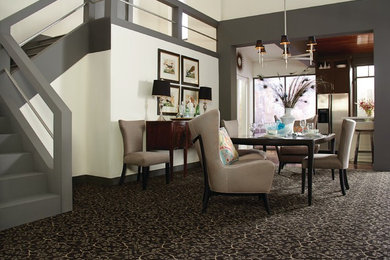 Mid-sized trendy carpeted great room photo in San Francisco with gray walls