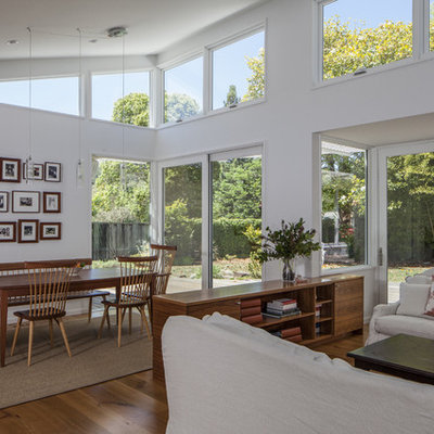 Trendy medium tone wood floor dining room photo in San Francisco with white walls