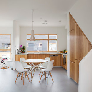 Ispirazione per una sala da pranzo aperta verso la cucina moderna di medie dimensioni con pareti bianche