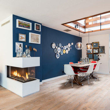 Modern dining area with fireplace