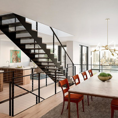 Example of a large trendy kitchen/dining room combo design in Philadelphia with white walls