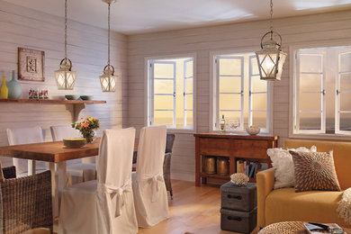 Kitchen/dining room combo - small rustic light wood floor and beige floor kitchen/dining room combo idea in Charlotte with white walls and no fireplace