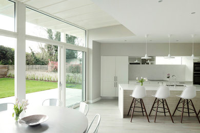 Inspiration for a modern dining room in Other with white walls and light hardwood flooring.