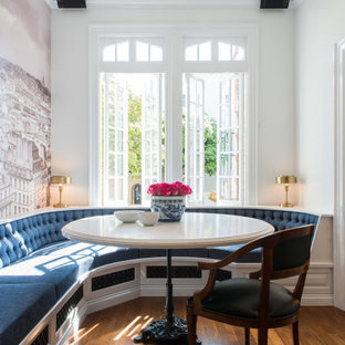 Breakfast nook - traditional dark wood floor, brown floor and wallpaper breakfast nook idea in Chicago with white walls