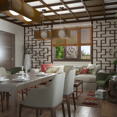 Kitchen/dining room combo - mid-sized kitchen/dining room combo idea in New York with white walls
