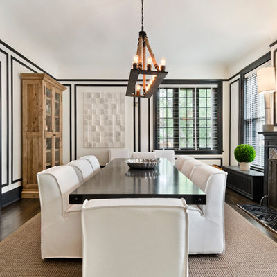 Inspiration for a contemporary dark wood floor enclosed dining room remodel in Chicago with white walls, a standard fireplace and a tile fireplace