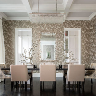 This is an example of a mediterranean dining room in Dallas with multi-coloured walls, dark hardwood flooring and no fireplace.