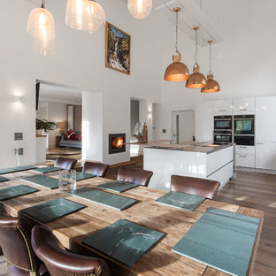 This is an example of a large contemporary kitchen/dining room in Other with medium hardwood flooring, brown floors, white walls, a two-sided fireplace and a plastered fireplace surround.