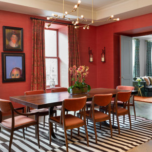 Inspiration för ett mellanstort vintage kök med matplats, med röda väggar