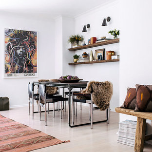 Scandinavian open plan dining in Sydney with white walls, light hardwood floors and beige floor.