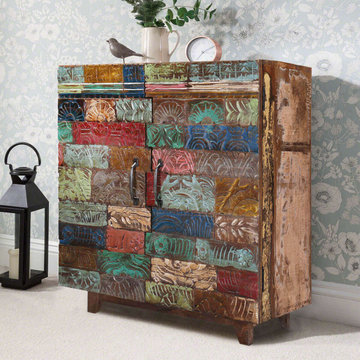 Rainbow Conch Carving Wooden Tile Reclaimed Wood Storage Cabinet