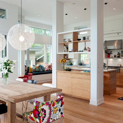 Inspiration for a contemporary light wood floor kitchen/dining room combo remodel in Vancouver with white walls