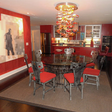 Red Accent Wall in Contemporary Dining Room