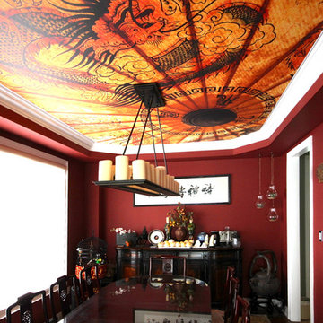 Red Asian-Themed Dining Room with Printed Stretch Ceiling