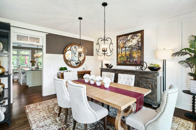 Enclosed dining room - large transitional dark wood floor, brown floor and wainscoting enclosed dining room idea in Philadelphia with brown walls and no fireplace