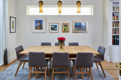 Inspiration for a contemporary enclosed dining room in London with white walls, medium hardwood flooring and brown floors.
