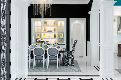 Large traditional enclosed dining room in Tampa with black walls, porcelain flooring and white floors.
