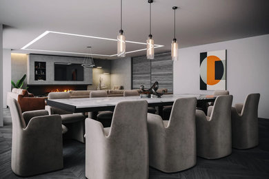 This is an example of a large contemporary open plan dining room in London with grey walls, a ribbon fireplace, a tiled fireplace surround and grey floors.