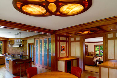 Classic dining room in Cincinnati with multi-coloured walls, medium hardwood flooring and no fireplace.