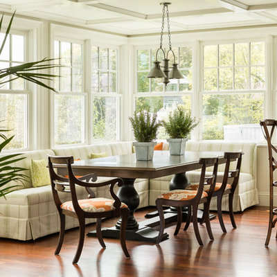 Inspiration for a coastal medium tone wood floor great room remodel in Portland Maine