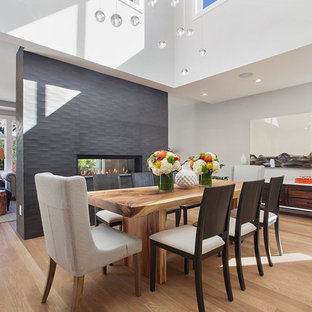 Ispirazione per una grande sala da pranzo aperta verso il soggiorno design con pareti bianche, parquet chiaro, camino bifacciale e cornice del camino in cemento