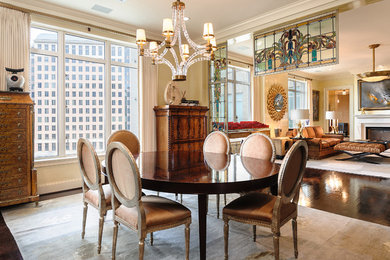 Dining room - traditional dark wood floor dining room idea in Dallas with beige walls