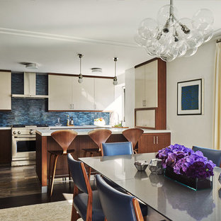 Trendy dark wood floor dining room photo in New York with white walls