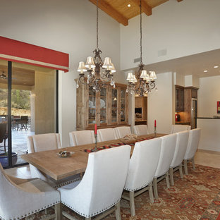 Large southwest travertine floor great room photo in Phoenix with beige walls, a standard fireplace and a stone fireplace