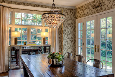 Mid-sized elegant carpeted enclosed dining room photo in New York with beige walls