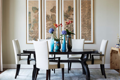 Example of a transitional dark wood floor and brown floor dining room design in San Francisco with gray walls