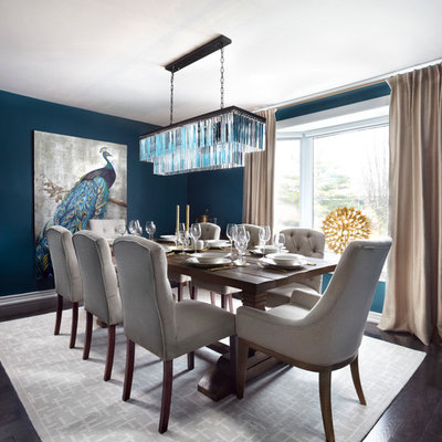 Mid-sized transitional dark wood floor and brown floor great room photo in Toronto with blue walls and no fireplace