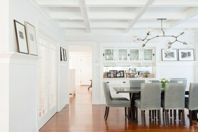 Inspiration for a coastal dining room in Los Angeles with white walls and dark hardwood flooring.