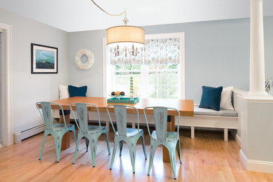 Example of a mid-sized classic light wood floor kitchen/dining room combo design in Portland Maine with blue walls