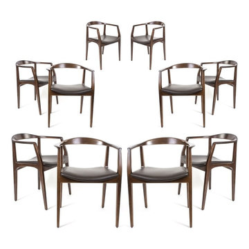 Set of Ten Modern Wood Dining Chairs with Brown Leather Upholstered Seats