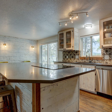 Shabby Chic Craftsman Kitchen with White Washed Barn Wood