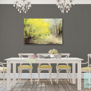 Shabby Chic Gray Dining Room with Yellow Forsythia Canvas Art