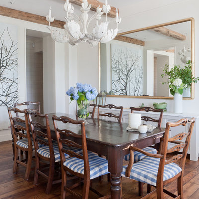 Beach style dark wood floor dining room photo in New York with white walls