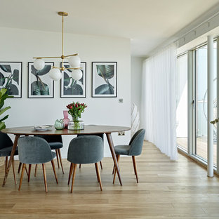Design ideas for a medium sized contemporary dining room in London with white walls, light hardwood flooring and beige floors.