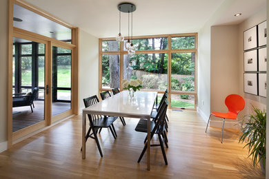 Example of a mid-sized trendy light wood floor enclosed dining room design in DC Metro with white walls and no fireplace