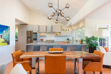Large transitional medium tone wood floor and beige floor great room photo in San Diego
