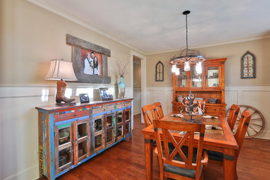 Example of a mid-sized southwest medium tone wood floor kitchen/dining room combo design in Atlanta with beige walls and no fireplace