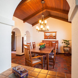 Idee per una grande sala da pranzo mediterranea chiusa con pareti bianche, pavimento in terracotta e nessun camino