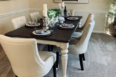 Inspiration for a mid-sized transitional carpeted and beige floor dining room remodel in Houston with beige walls