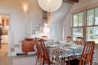 Réalisation d'une salle à manger design avec parquet clair, un mur blanc et un sol beige.