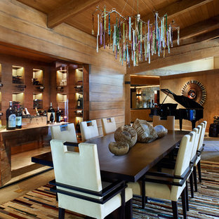Large mountain style great room photo in Denver with brown walls